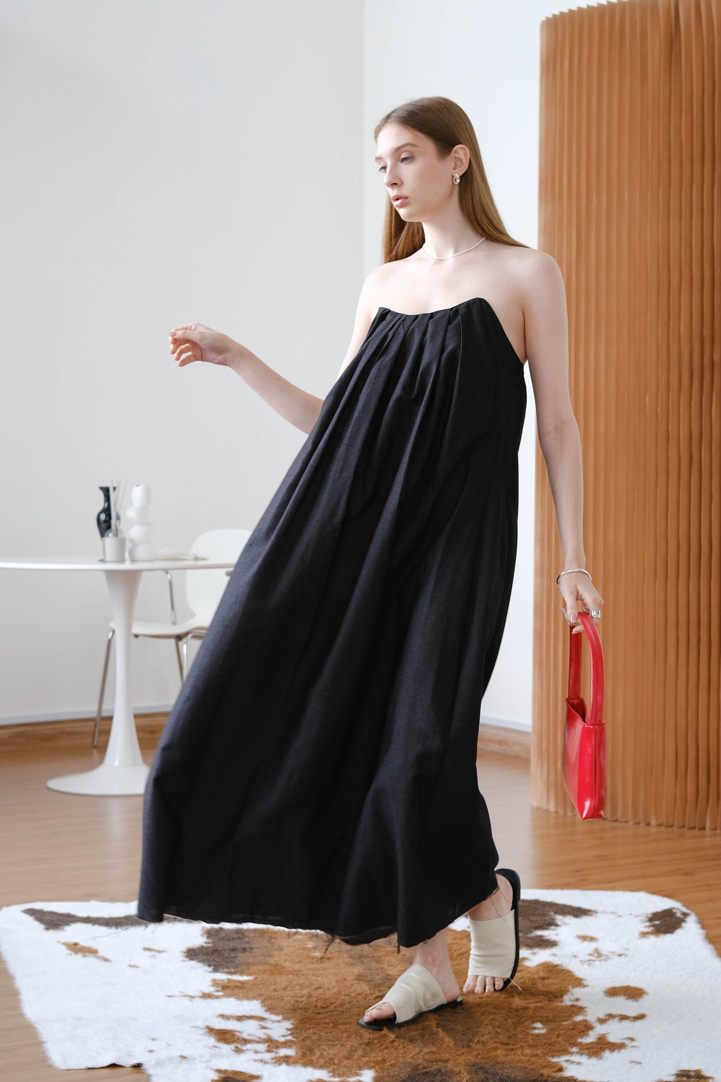 French Cotton And Linen Pleated Dress - Classic Black