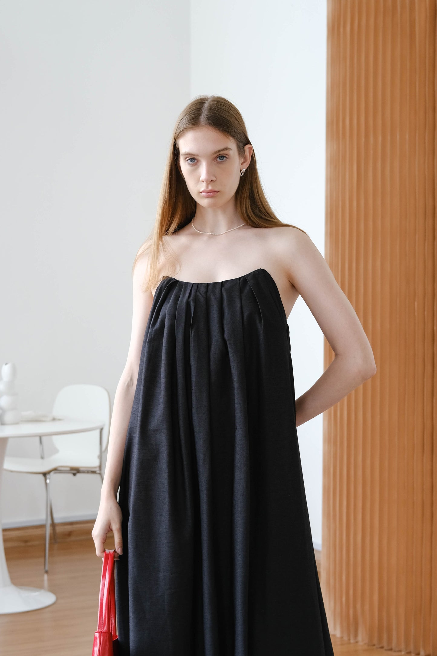 French Cotton And Linen Pleated Dress - Classic Black