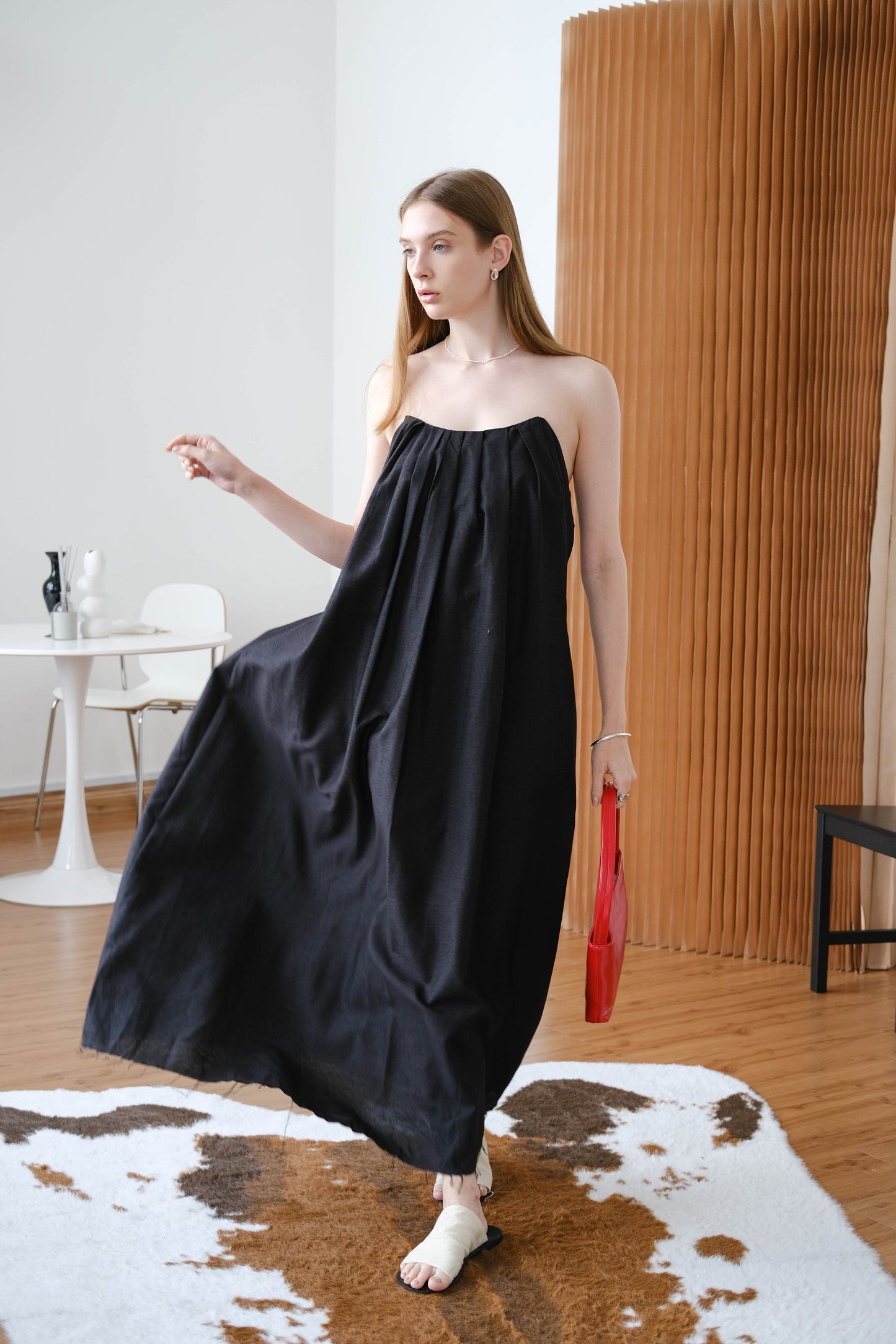 French Cotton And Linen Pleated Dress - Classic Black