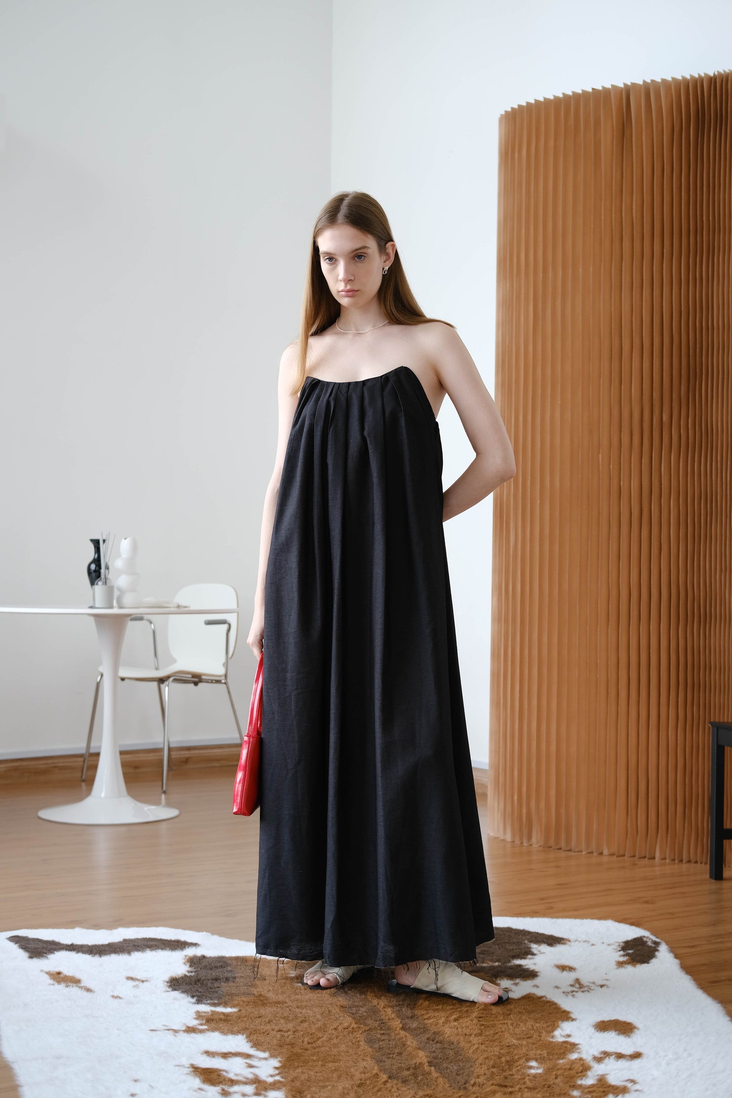 French Cotton And Linen Pleated Dress - Classic Black