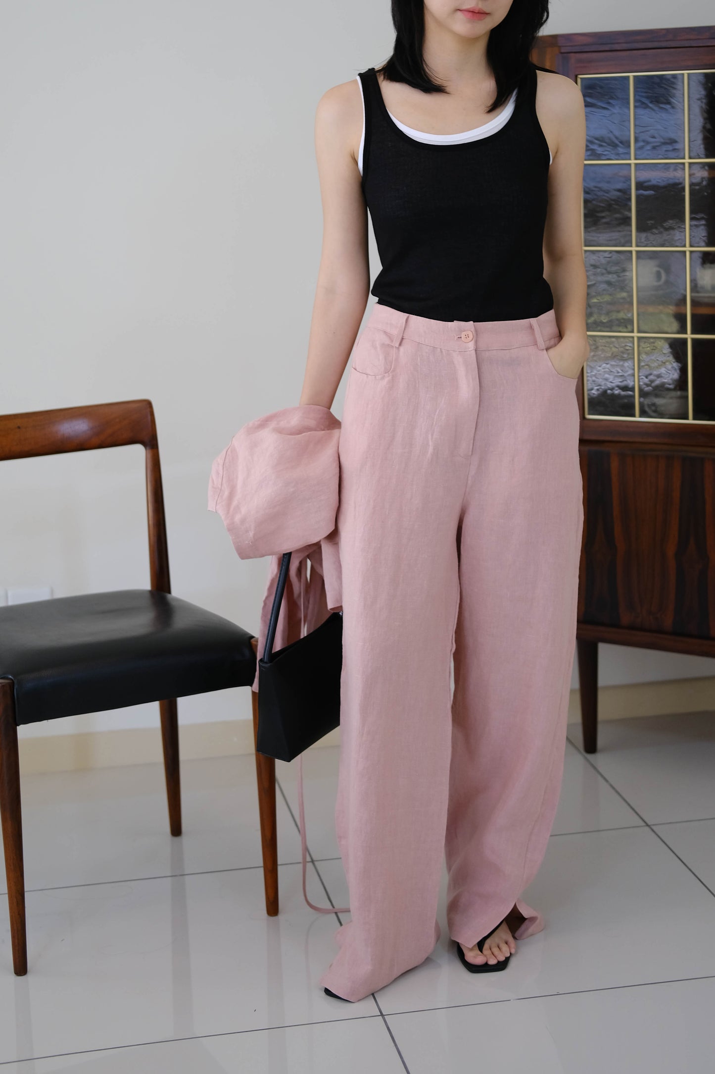 Semi-elastic linen trousers cherry blossom pink