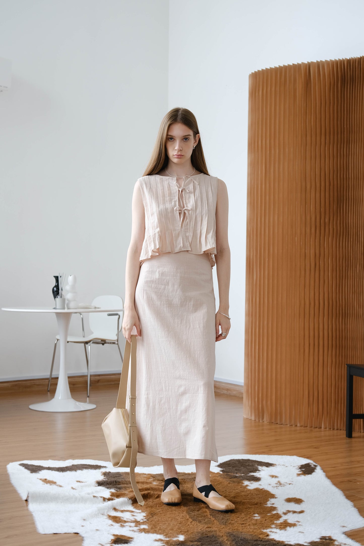 [2Pcs Suit] for Cotton And Linen Sleeveless Strappy Shirt + Long Skirt Suit - Nude