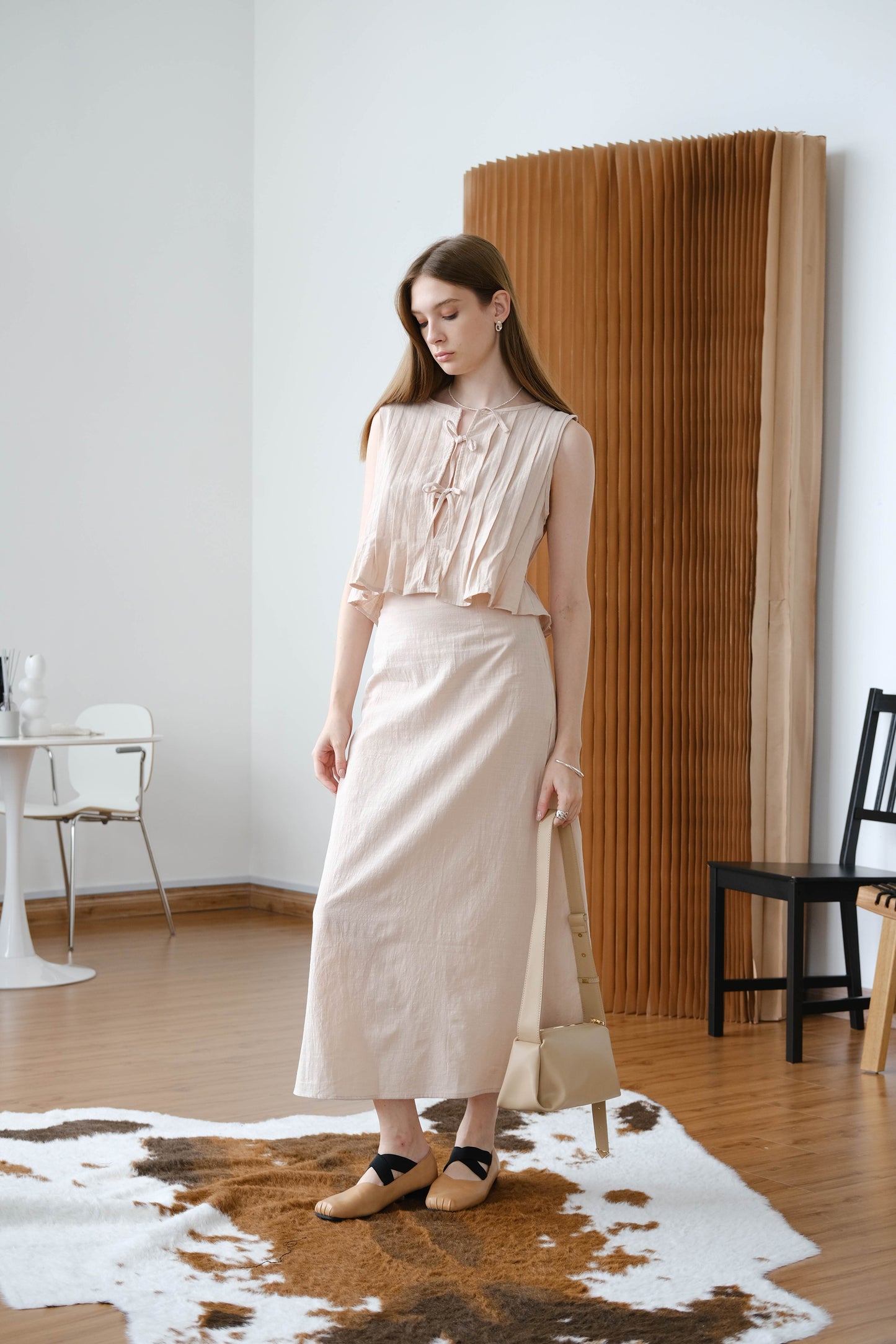 [2Pcs Suit] for Cotton And Linen Sleeveless Strappy Shirt + Long Skirt Suit - Nude