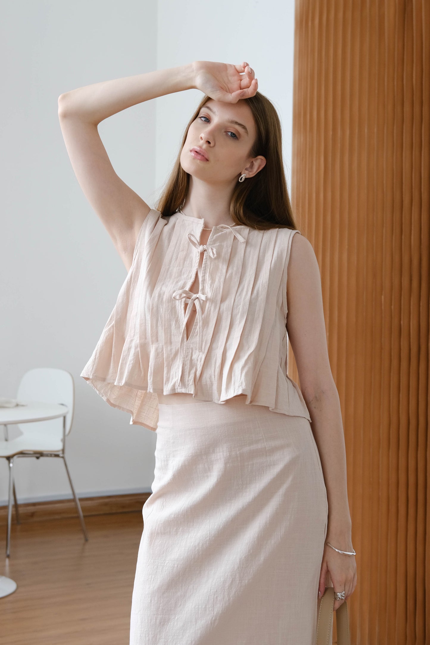 Cotton And Linen Sleeveless Strappy Shirt + Long Skirt Suit - Nude