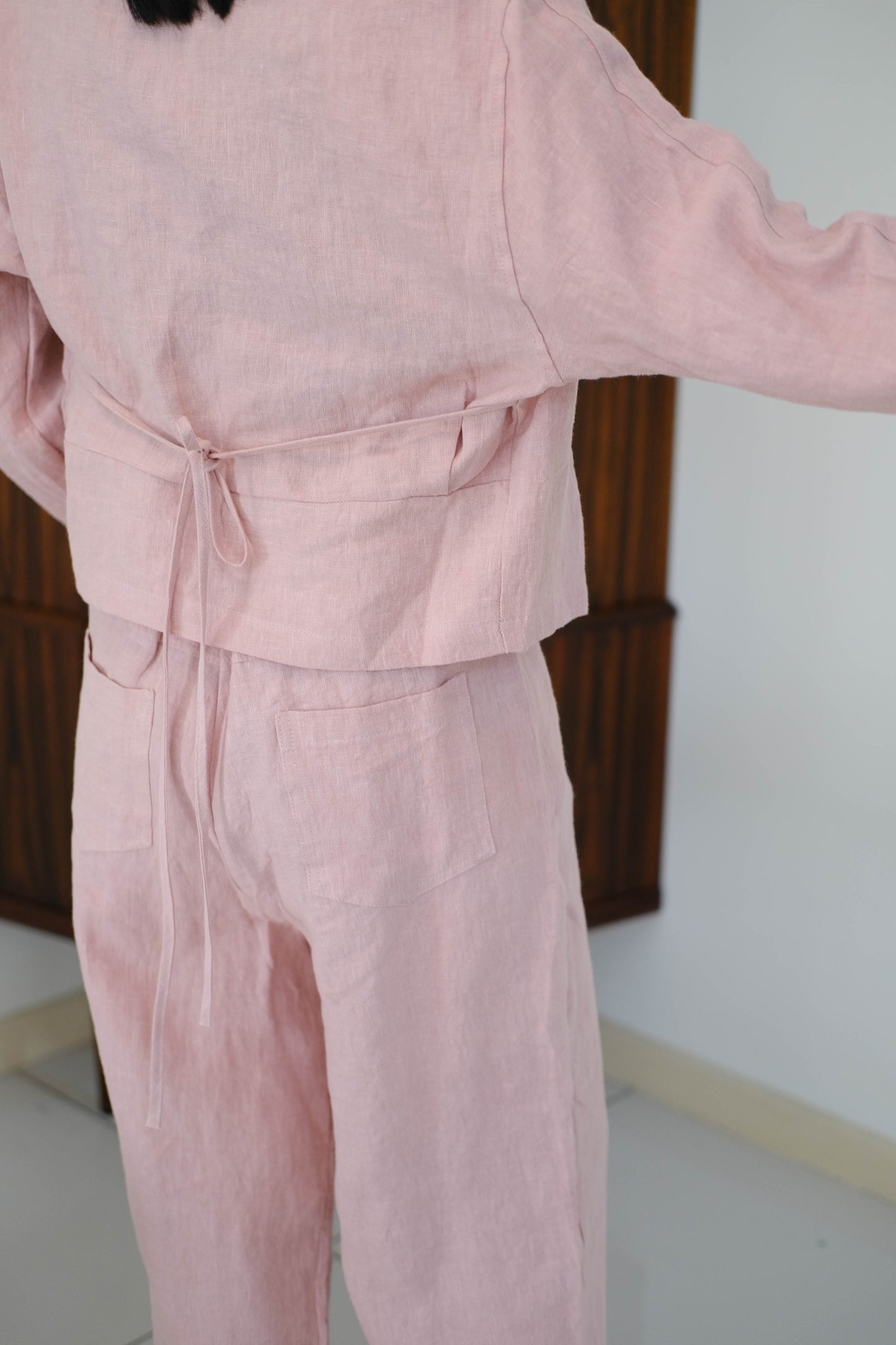 Semi-elastic linen trousers cherry blossom pink