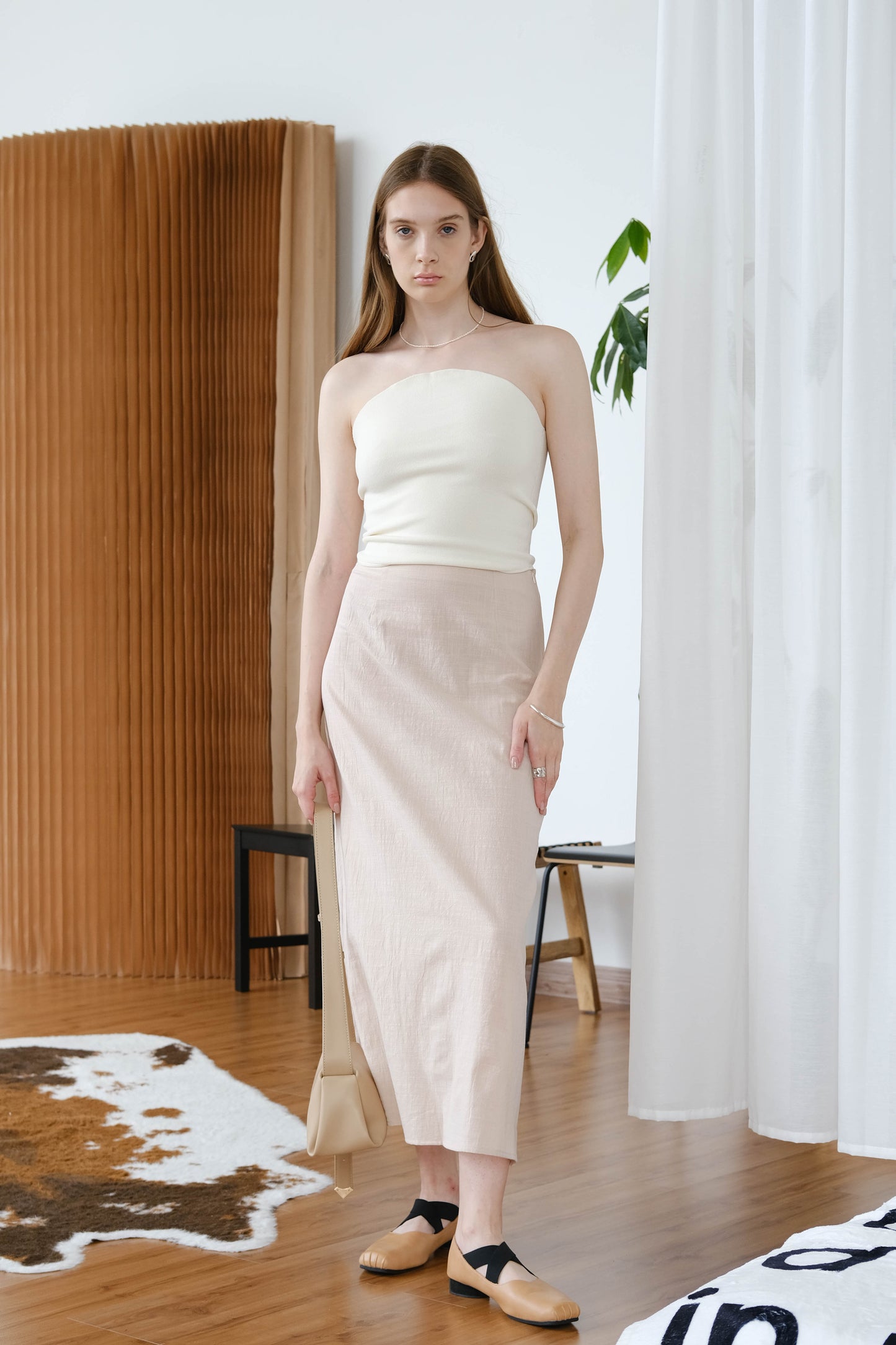 Cotton And Linen Sleeveless Strappy Shirt + Long Skirt Suit - Nude