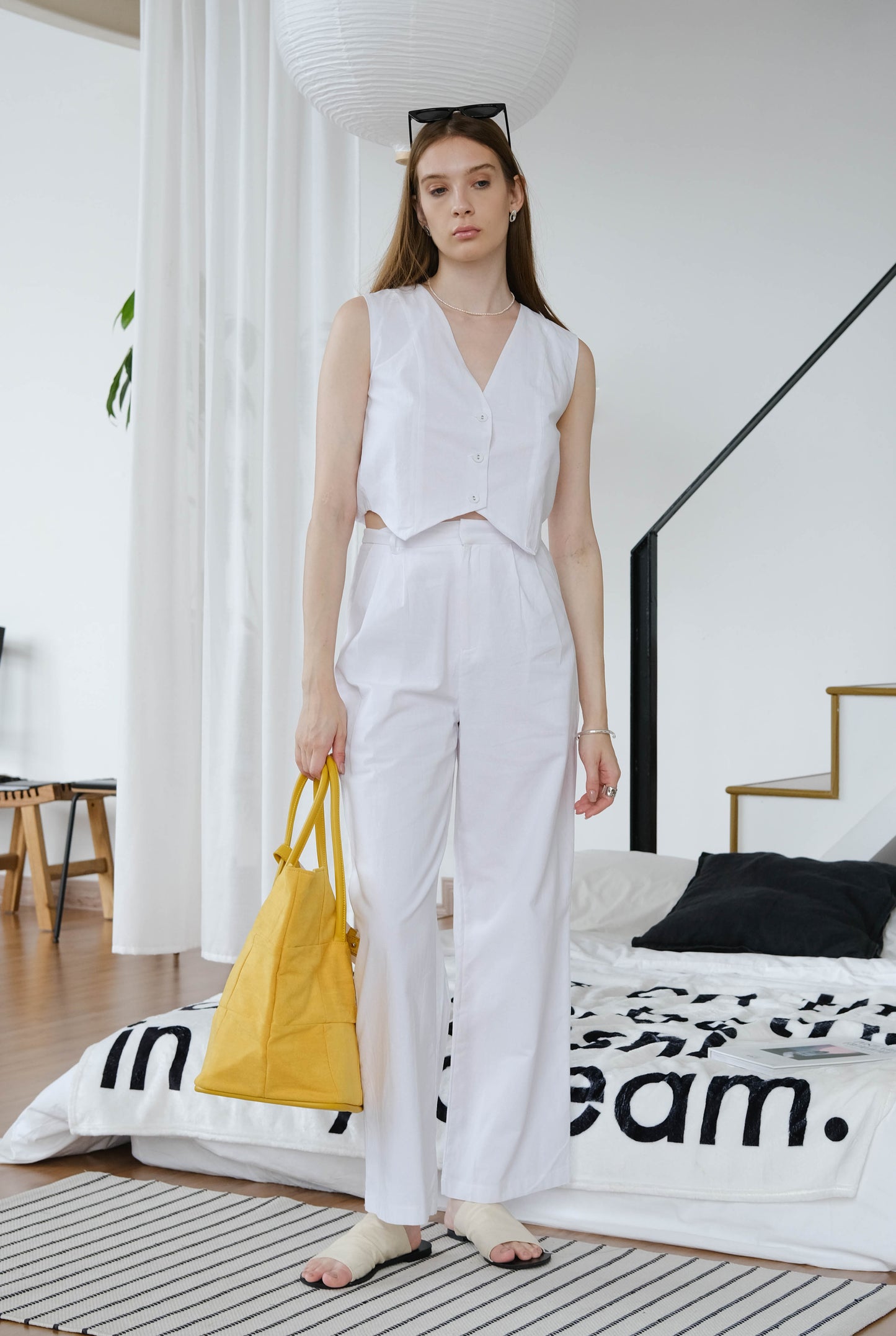 Cotton And Linen Sleeveless Vest + Trousers Two-Piece Set - Super White