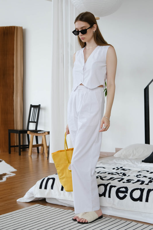 Cotton And Linen Sleeveless Vest + Trousers Two-Piece Set - Super White