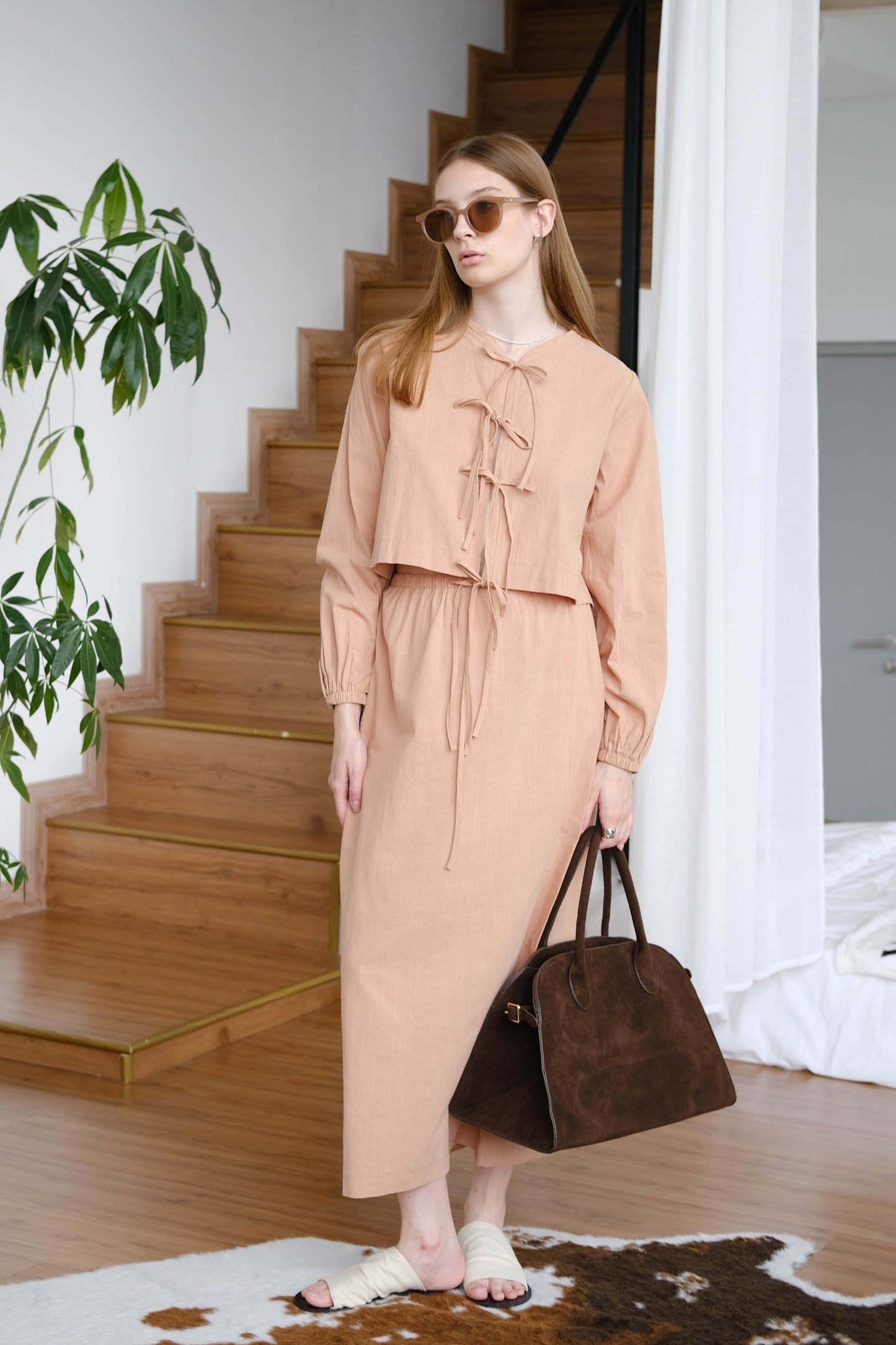 French Puff Sleeve Shirt + Skirt In Khaki