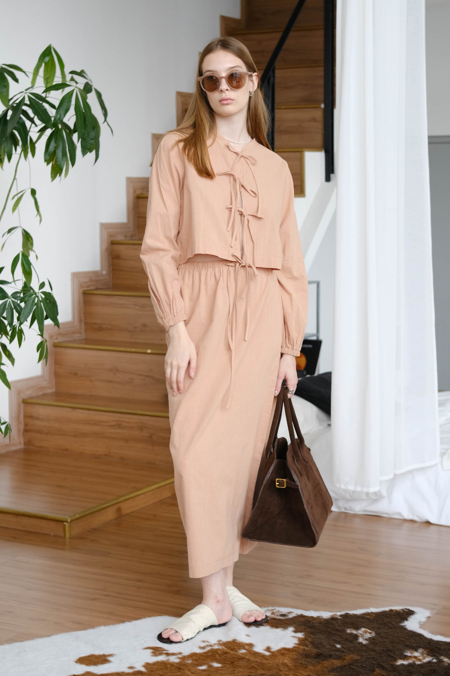 French Puff Sleeve Shirt + Skirt In Khaki