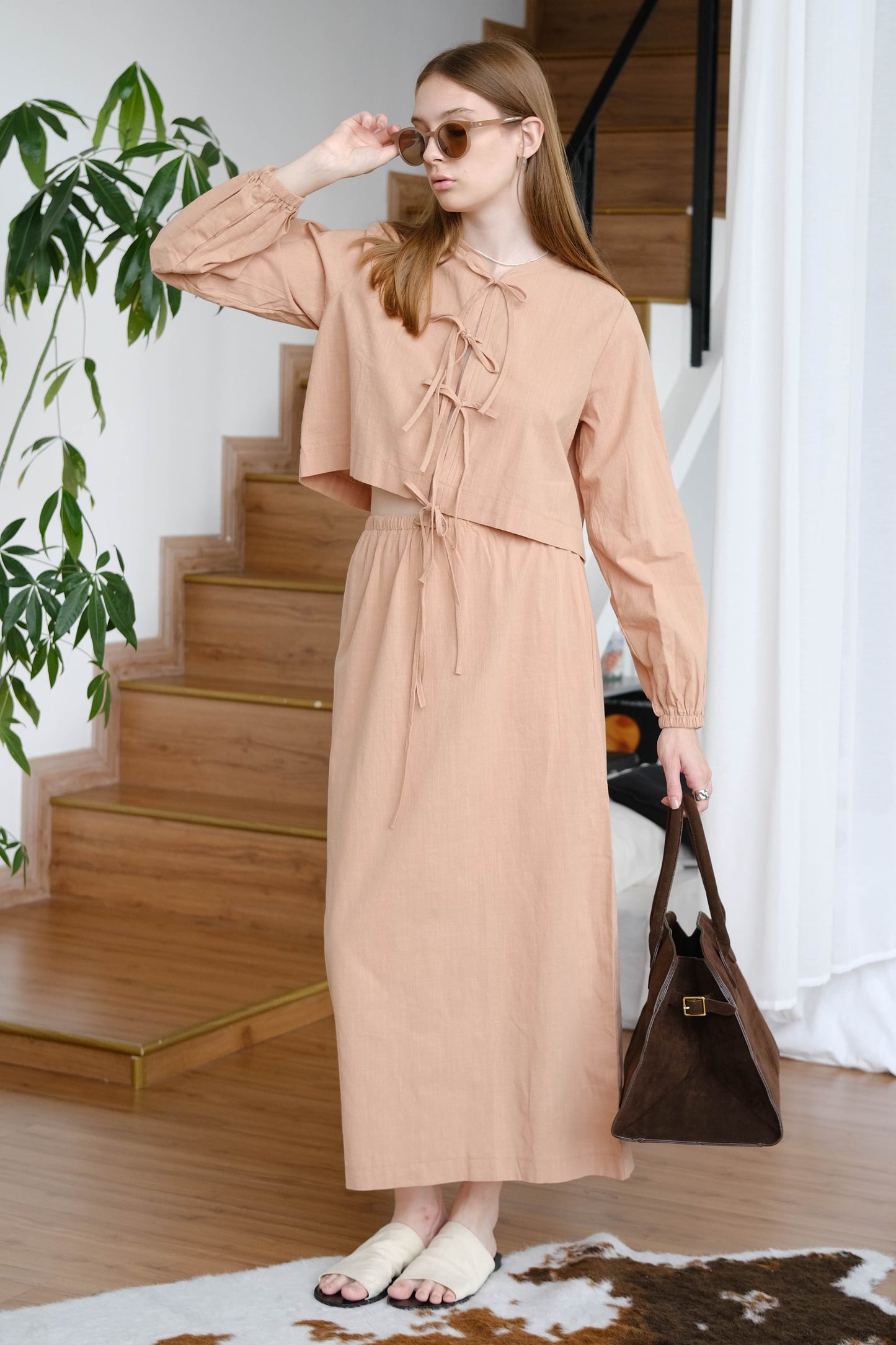 French Puff Sleeve Shirt + Skirt In Khaki