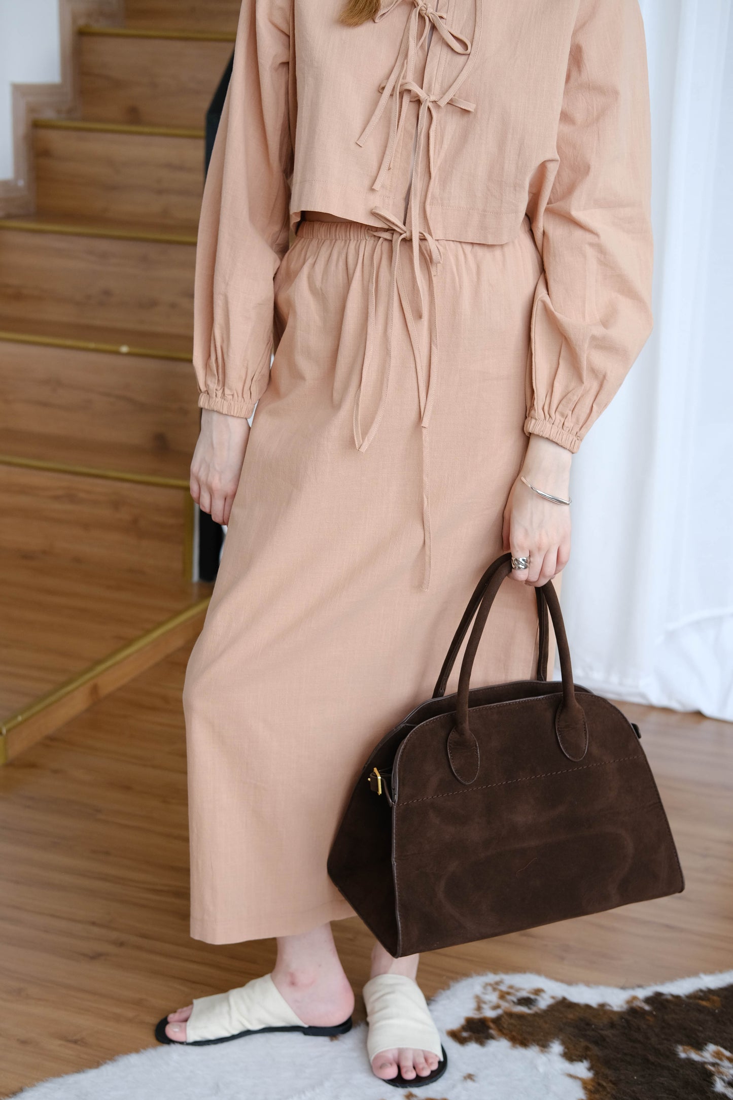 French Puff Sleeve Shirt + Skirt In Khaki