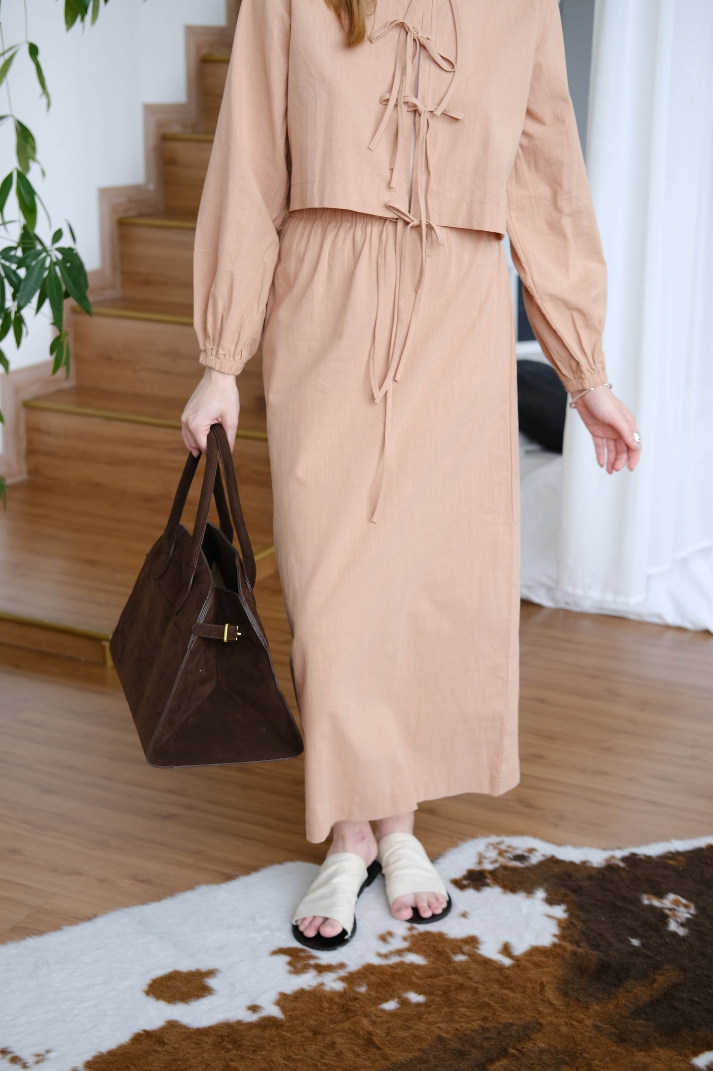 French Puff Sleeve Shirt + Skirt In Khaki