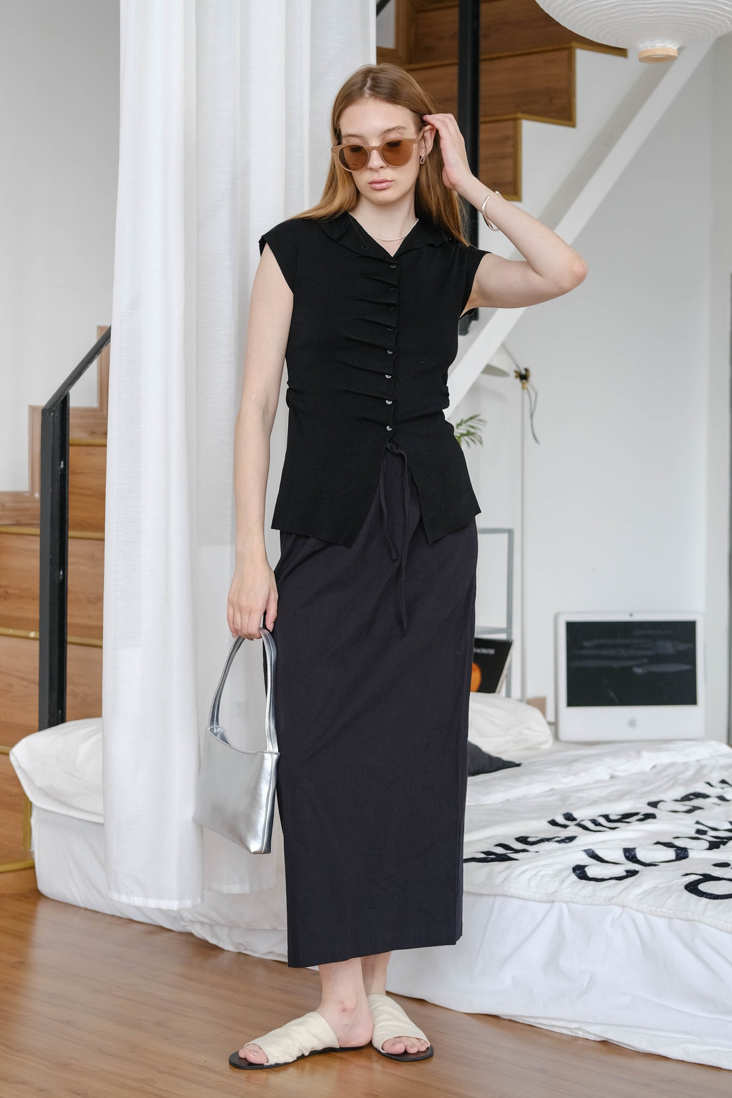 Stand Collar Irregular Design Button Top - Classic Black