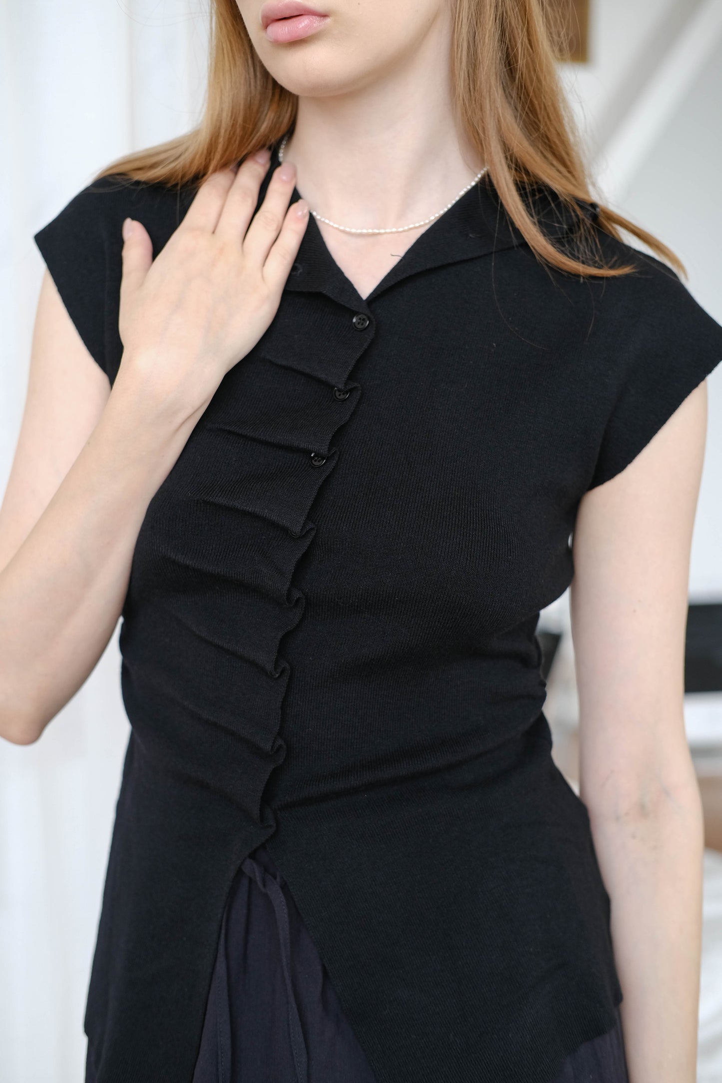 Stand Collar Irregular Design Button Top - Classic Black