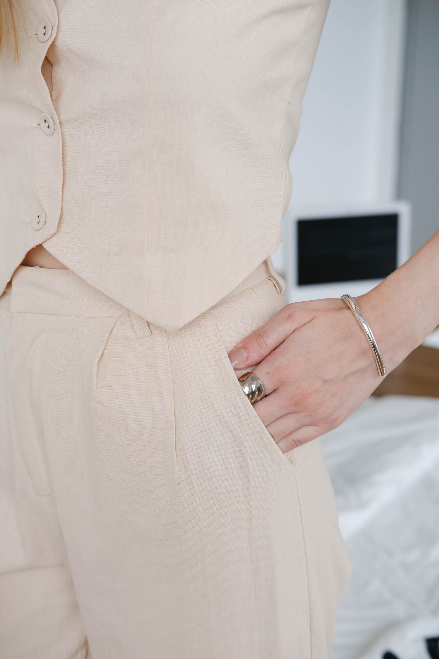 Cotton And Linen Sleeveless Vest + Trousers Two-Piece Set - Light Khaki