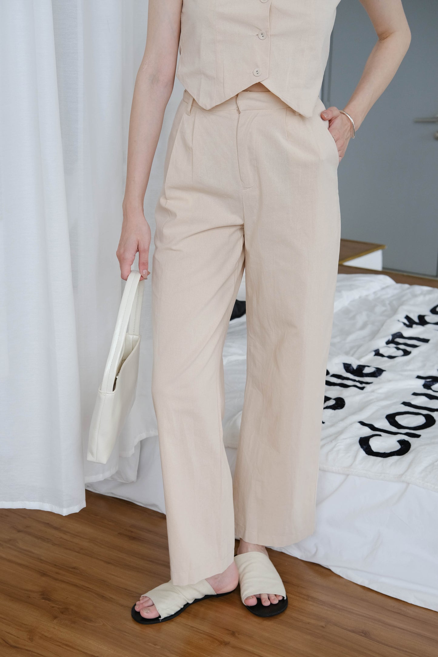 [2Pcs Suit] For Cotton And Linen Sleeveless Vest + Trousers In Light Khaki