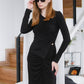 [2Pcs Suit] For Slanted V-Neck top + Side Zip Skirt - Classic Black