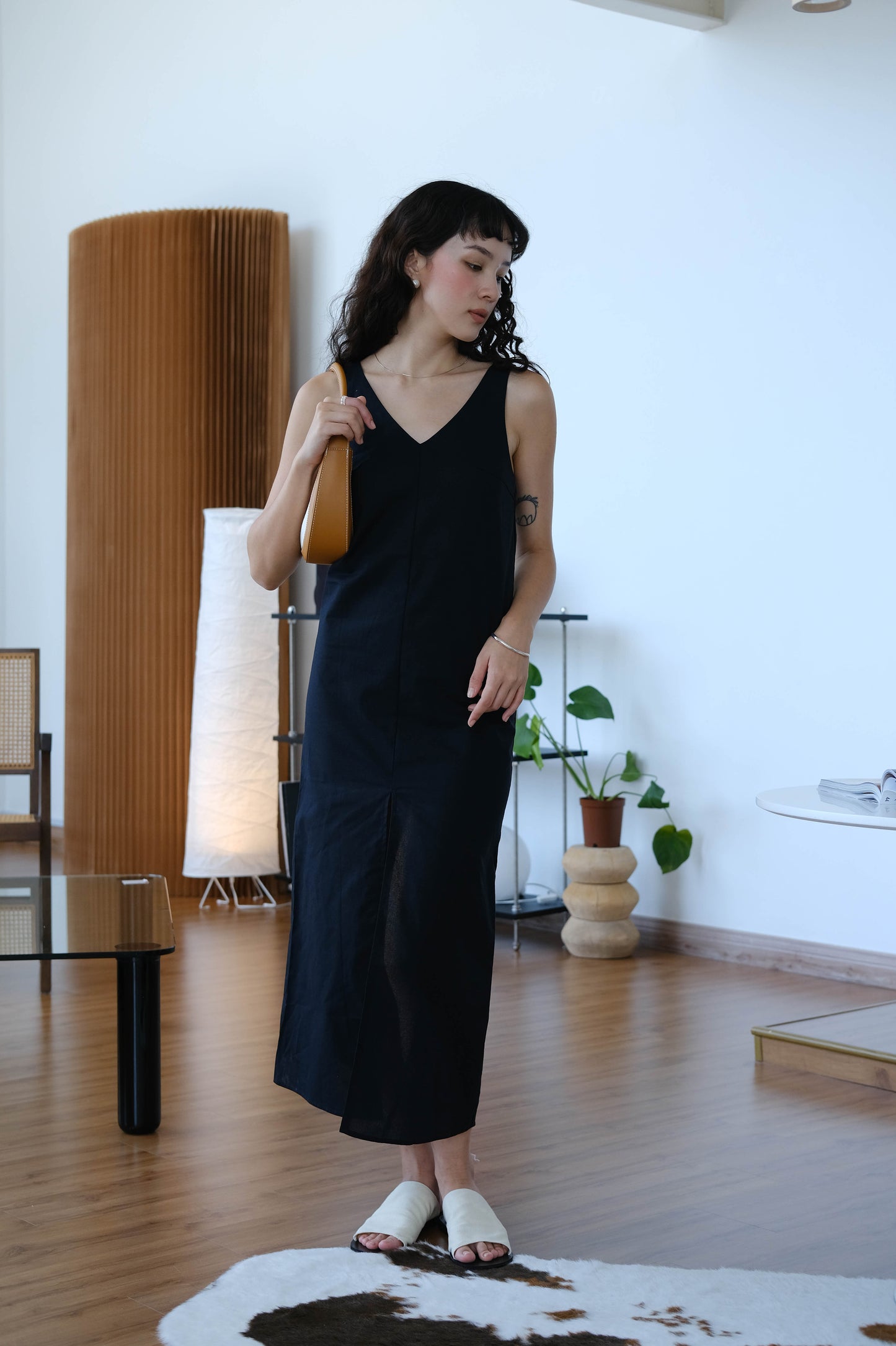 V-neck open back sleeveless dress in classic black