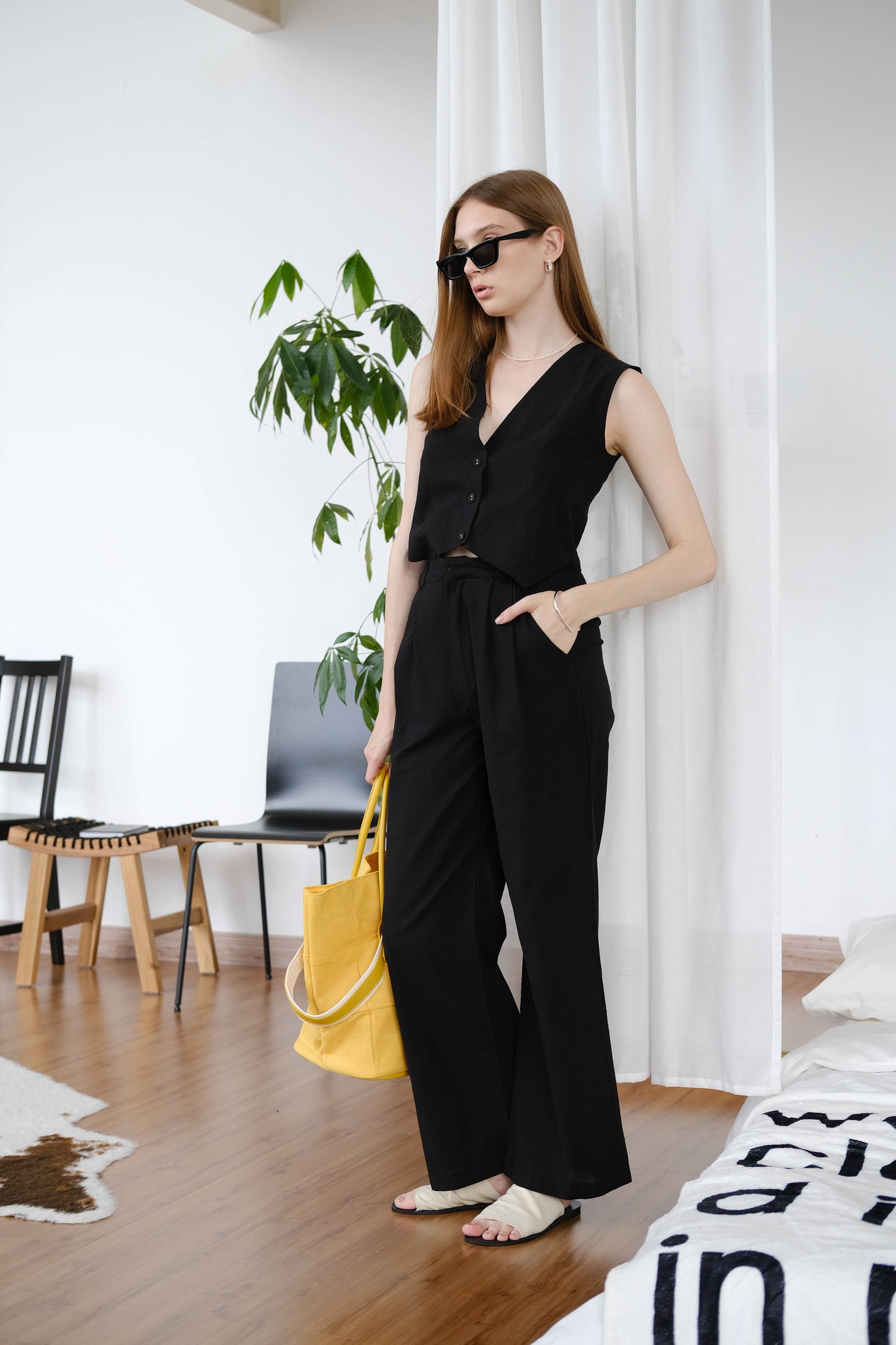 [2Pcs Suit] for Cotton And Linen Sleeveless Vest + Trousers In Classic Black