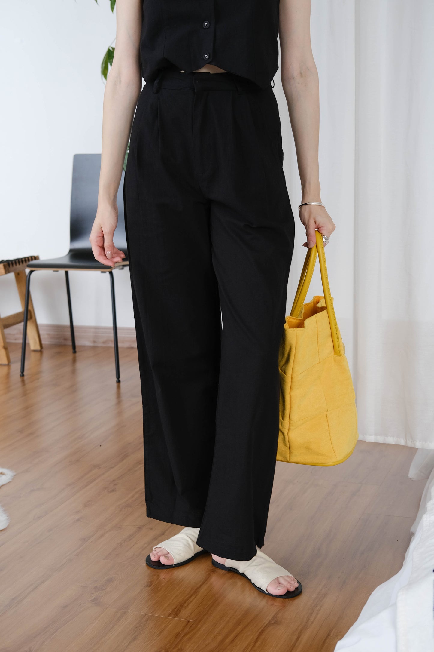 [2Pcs Suit] for Cotton And Linen Sleeveless Vest + Trousers In Classic Black