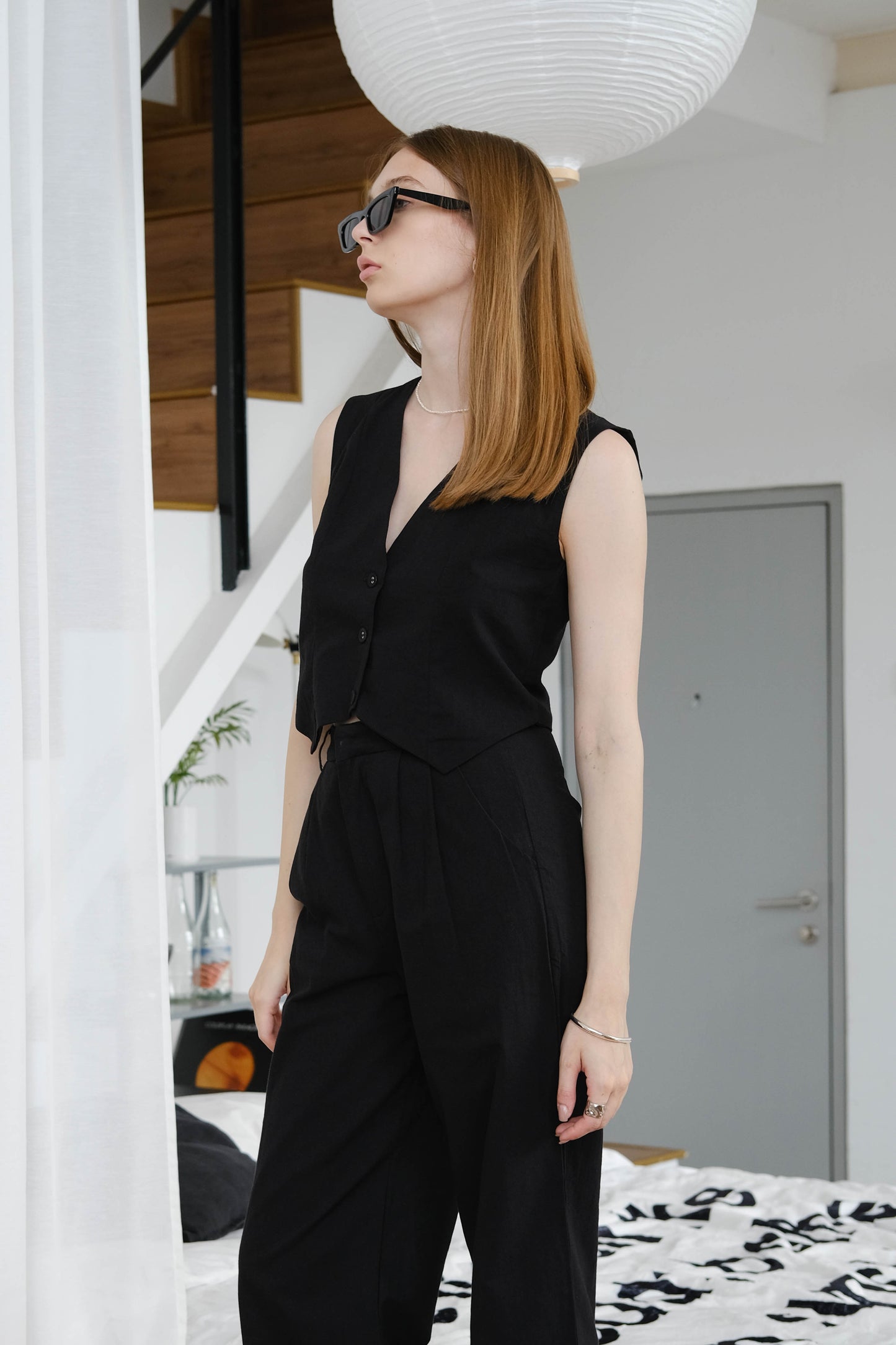 [2Pcs Suit] for Cotton And Linen Sleeveless Vest + Trousers In Classic Black