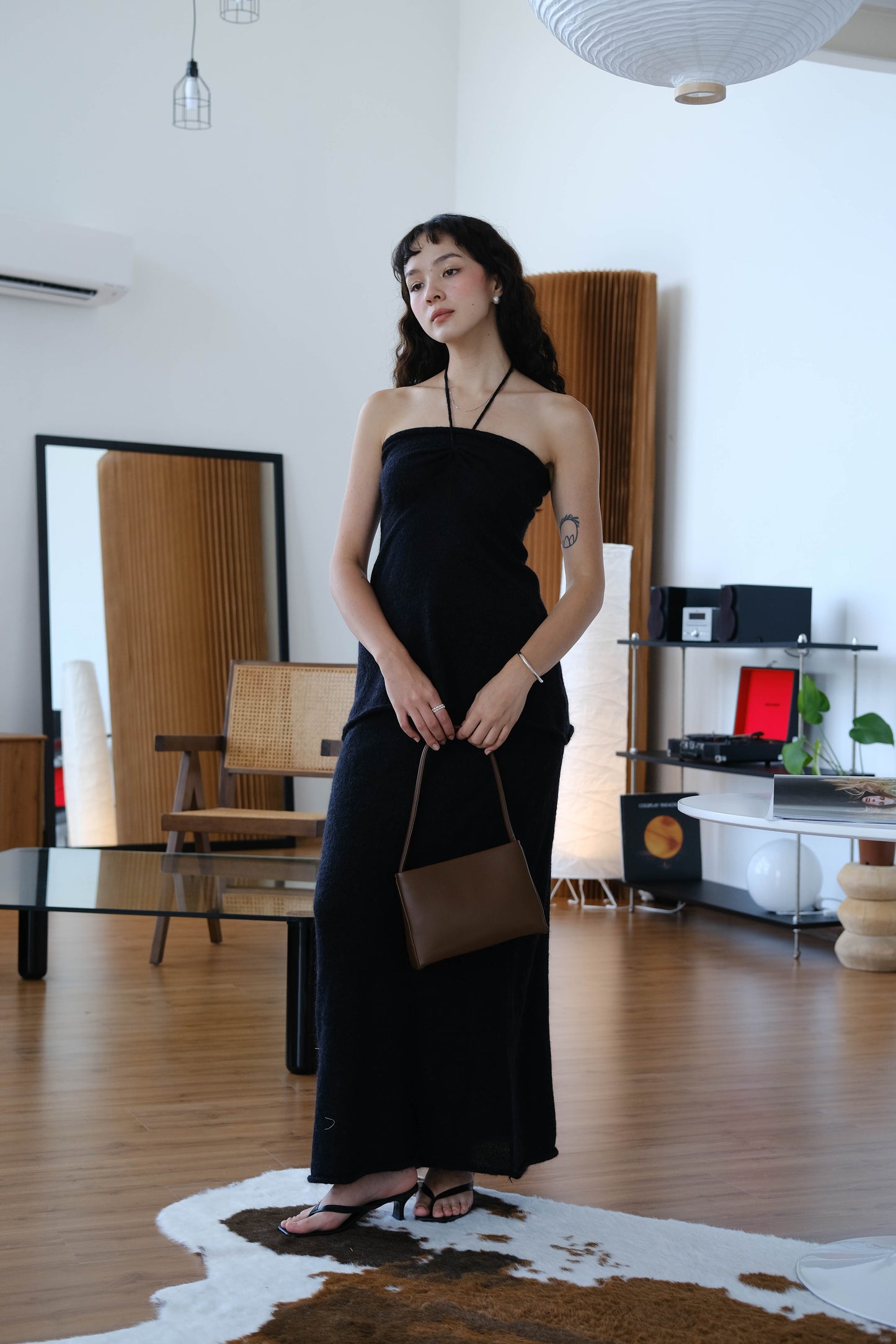 Woolen bandeau halter top in classic black