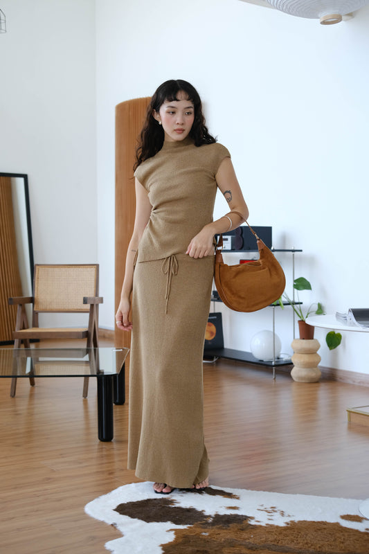 [2Pcs Suits] For Woolen Short T-shirt + Woolen Skirt In Brown