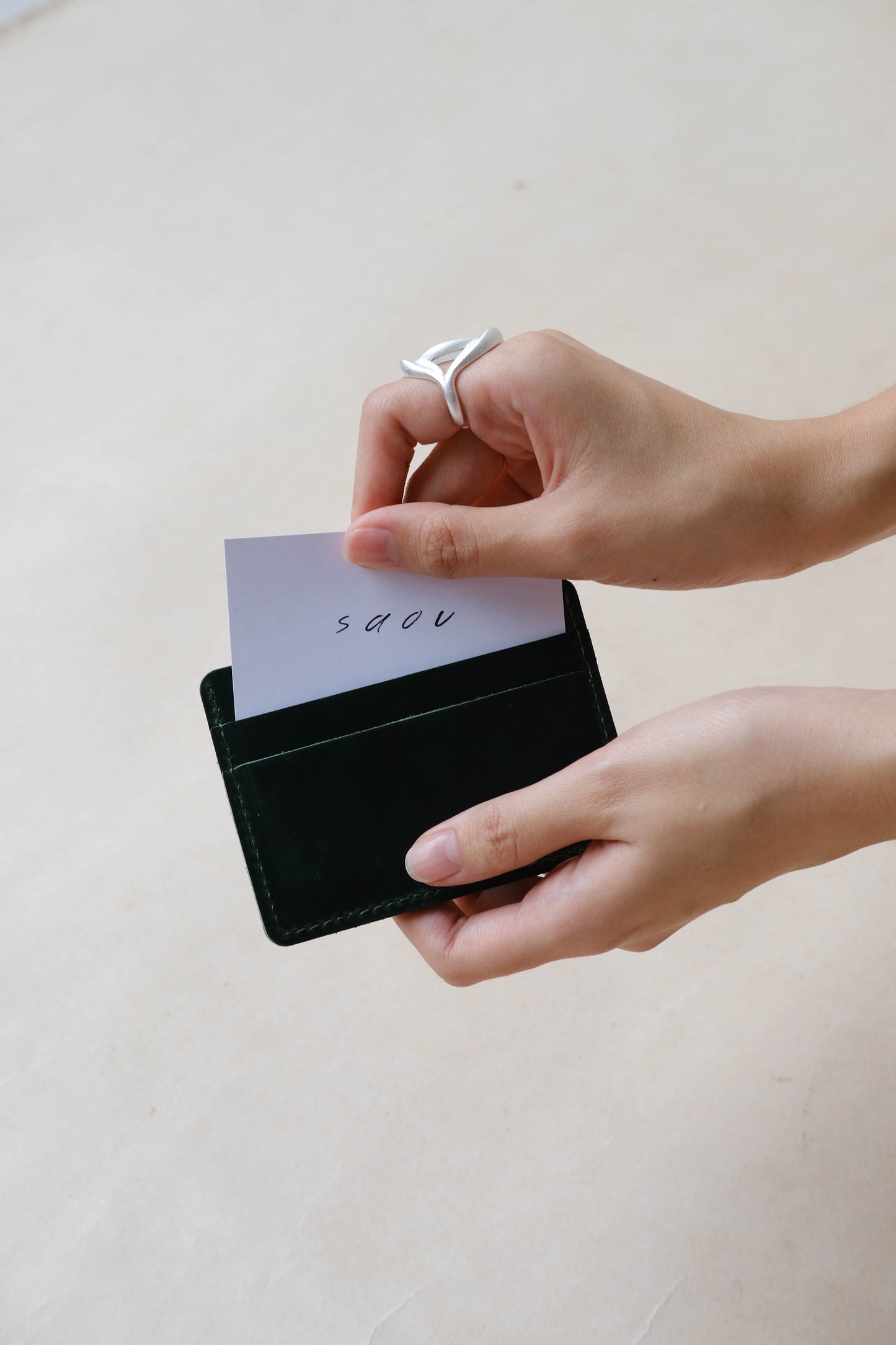 Handmade First Layer Cowhide Card Holder In Dark Green