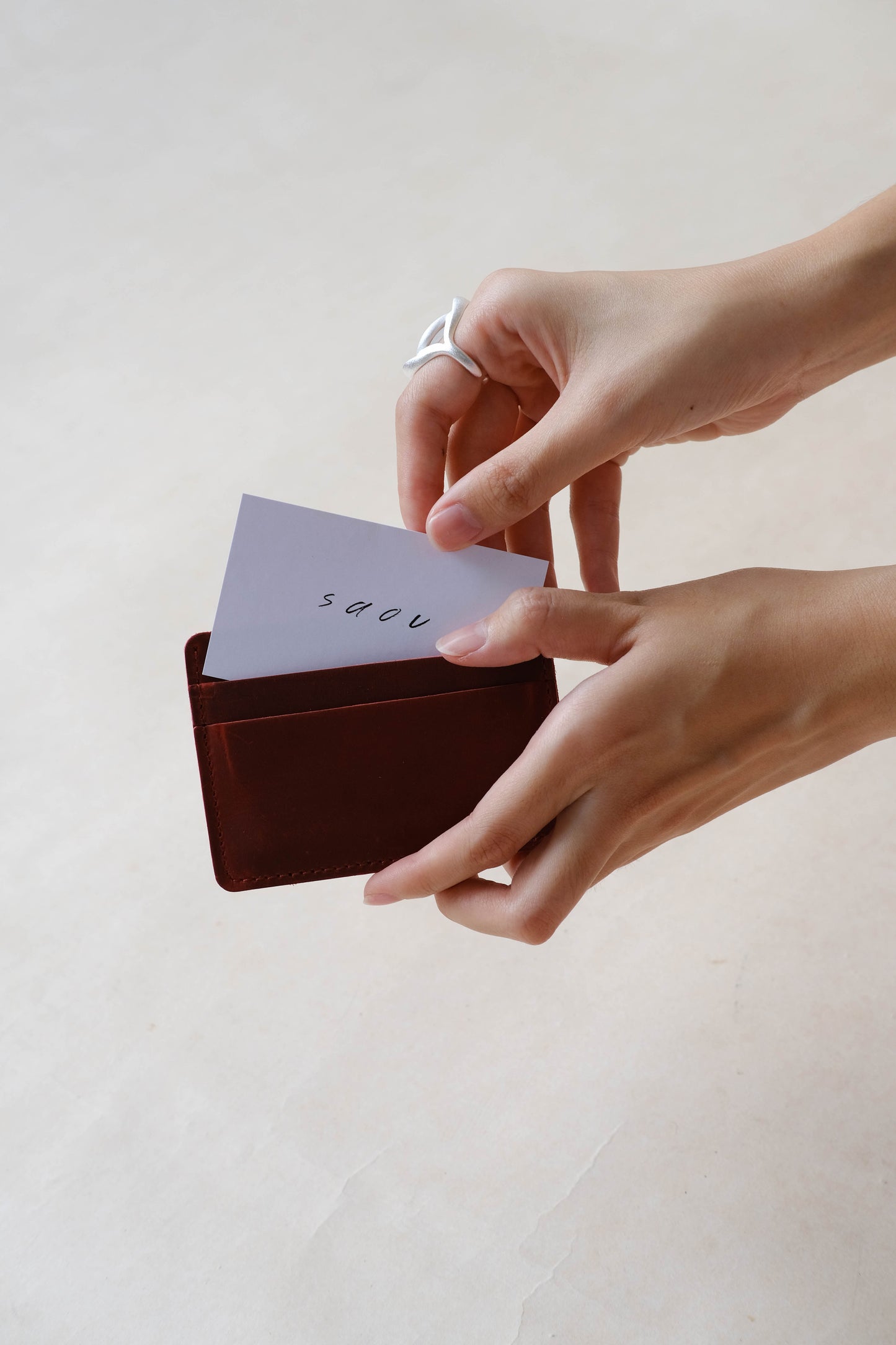 Handmade First Layer Cowhide Card Holder In Wine Red