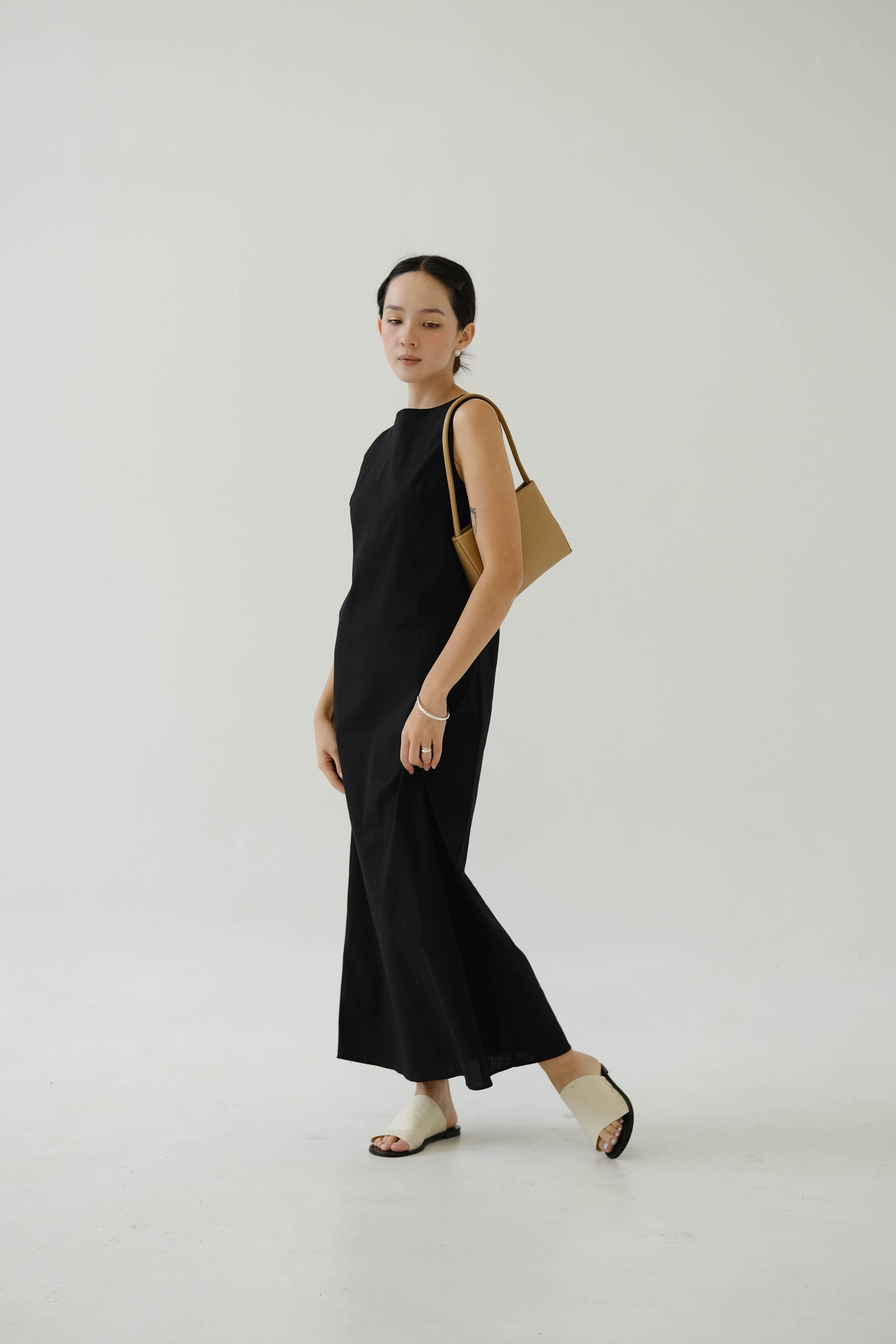 French cotton linen tank dress in classic black