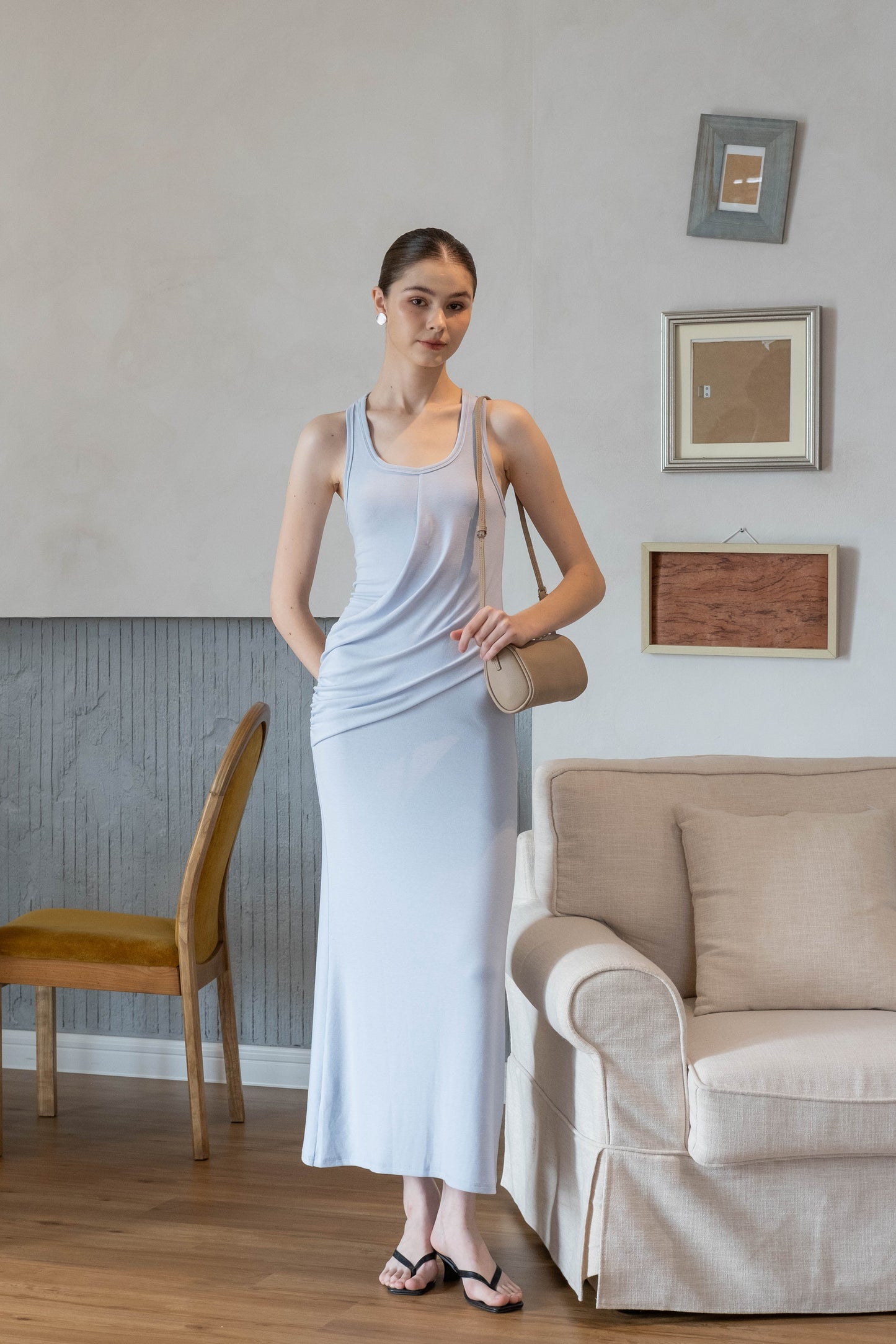 Elegant U-Neck Ruched Waist Maxi Dress - Baby Blue