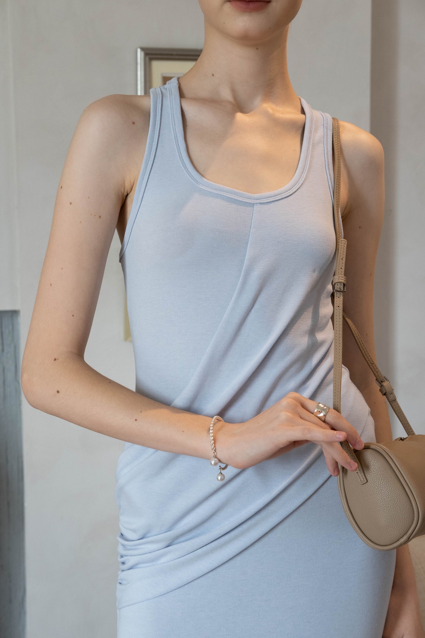 Elegant U-Neck Ruched Waist Maxi Dress - Baby Blue