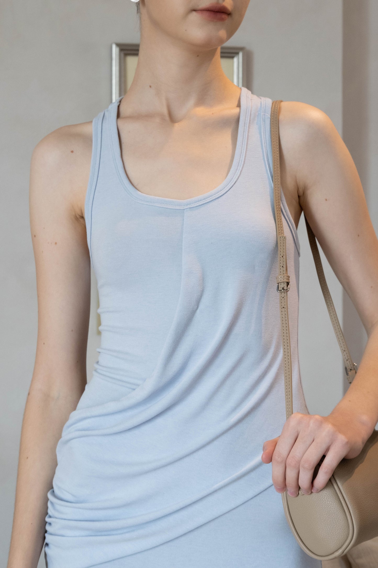 Elegant U-Neck Ruched Waist Maxi Dress - Baby Blue