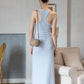 Elegant U-Neck Ruched Waist Maxi Dress - Baby Blue