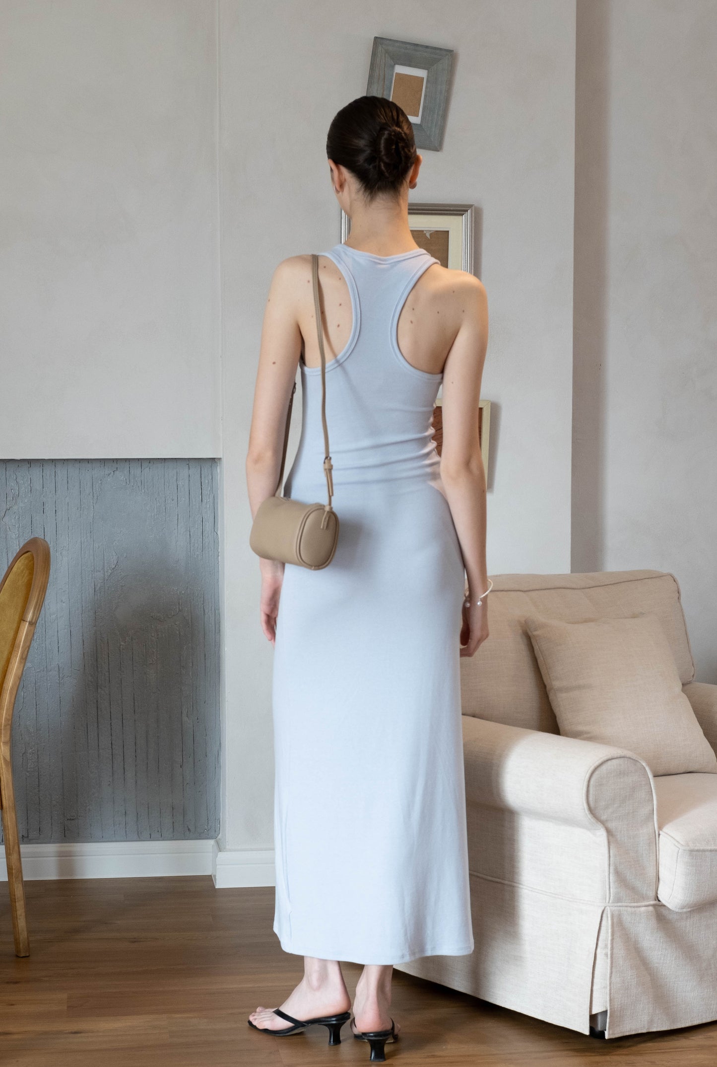 Elegant U-Neck Ruched Waist Maxi Dress - Baby Blue