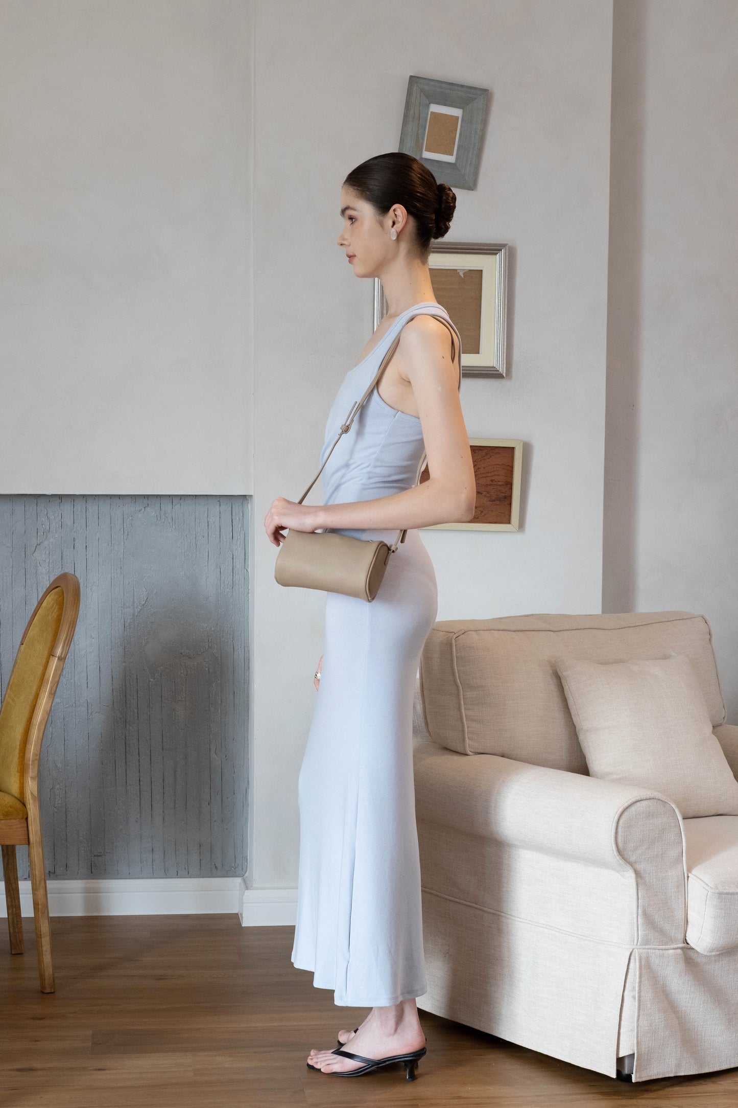 Elegant U-Neck Ruched Waist Maxi Dress - Baby Blue