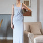 Elegant U-Neck Ruched Waist Maxi Dress - Baby Blue