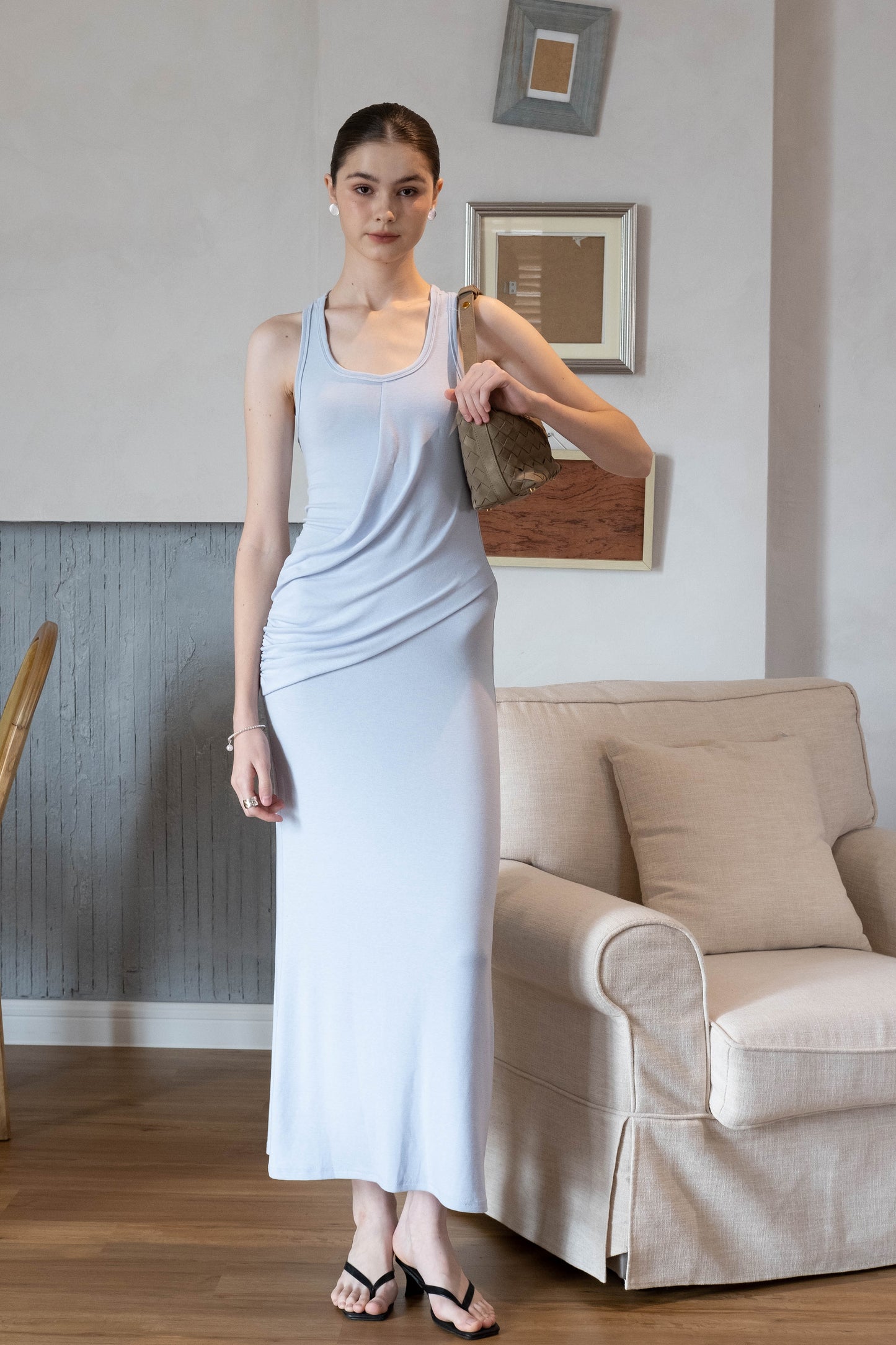 Elegant U-Neck Ruched Waist Maxi Dress - Baby Blue