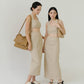 卡其色繫帶背上衣+V領長裙西裝