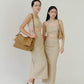 卡其色繫帶背上衣+V領長裙西裝