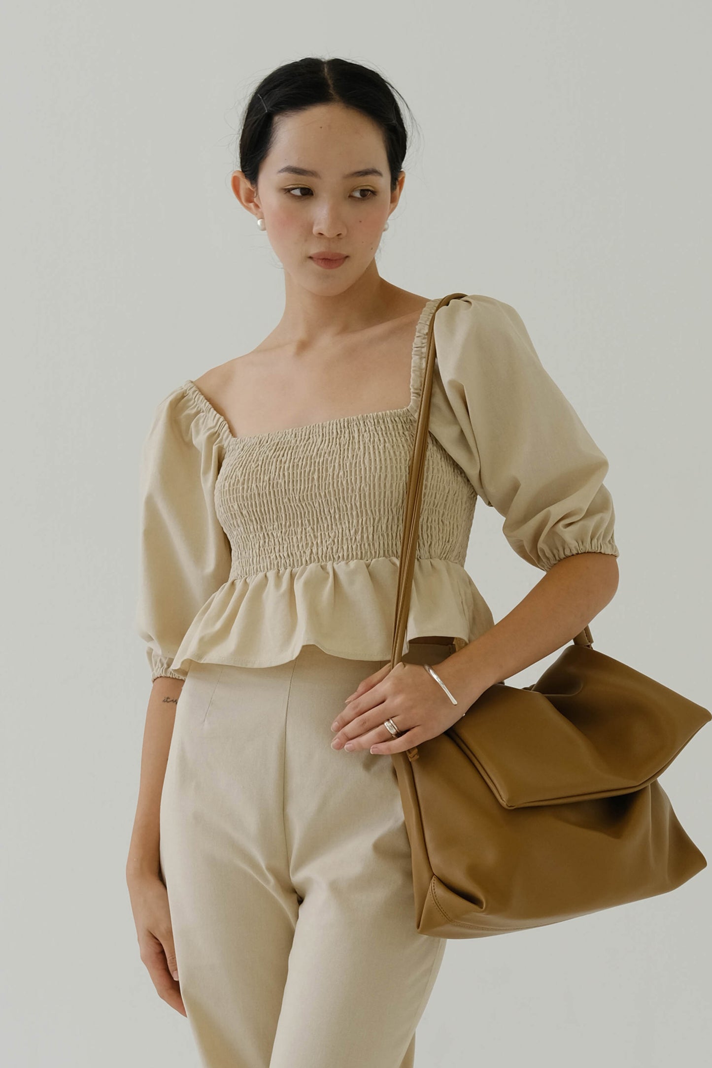 Square Neck Puff Sleeve Top in almond white