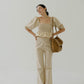 Square Neck Puff Sleeve Top + Wide Leg Pants In Almond White
