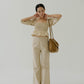 Square Neck Puff Sleeve Top + Wide Leg Pants In Almond White