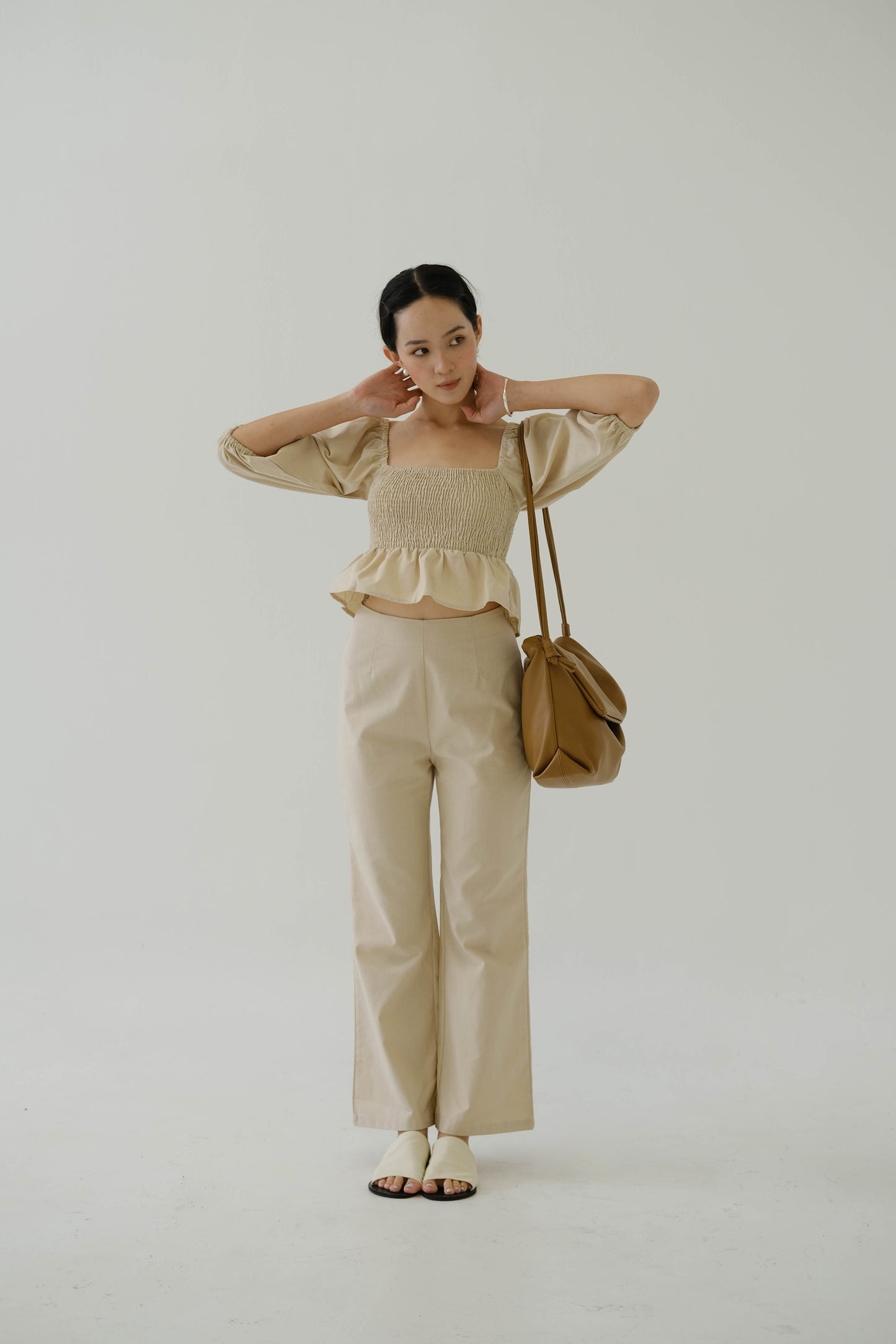 Square Neck Puff Sleeve Top + Wide Leg Pants in almond white