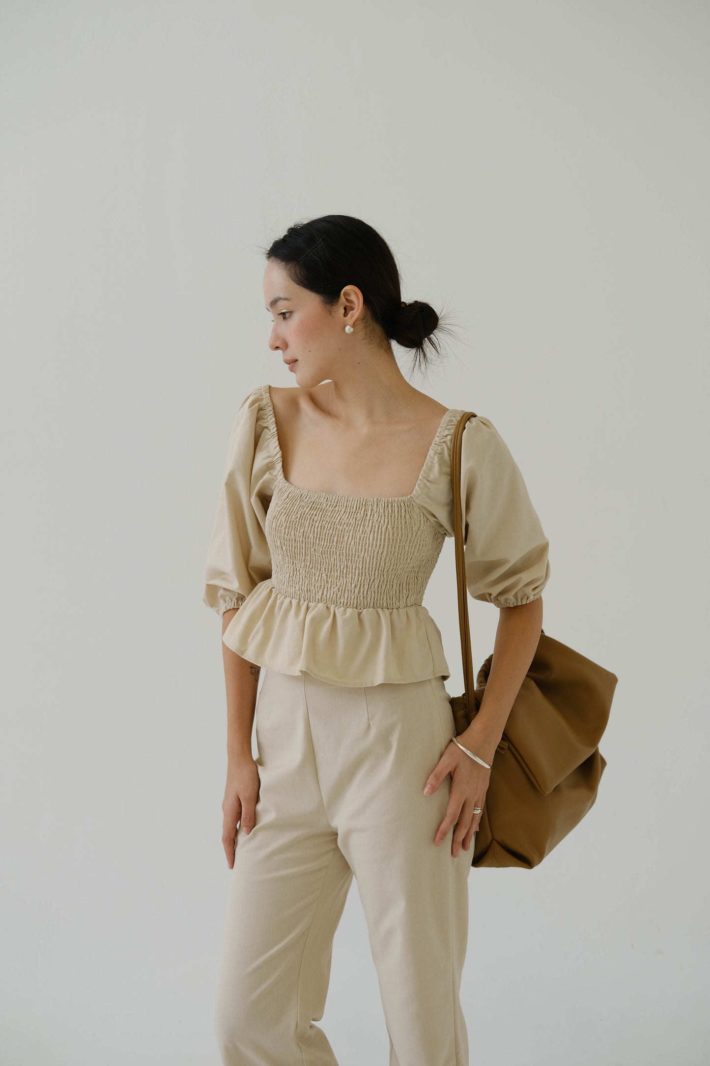 Square Neck Puff Sleeve Top in almond white