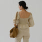 Square Neck Puff Sleeve Top + Wide Leg Pants In Almond White