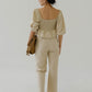 Square Neck Puff Sleeve Top + Wide Leg Pants In Almond White