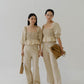 Square Neck Puff Sleeve Top + Wide Leg Pants In Almond White
