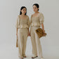 Square Neck Puff Sleeve Top + Wide Leg Pants In Almond White